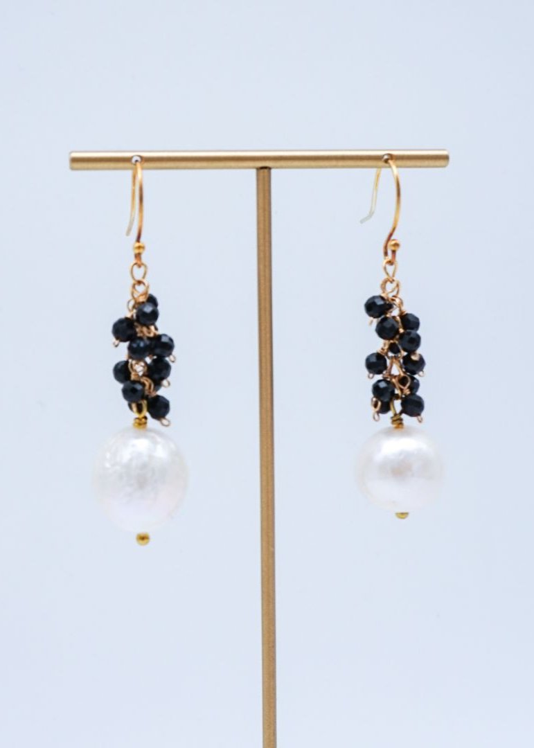 Medium Baroque Pearl Earrings With Black Spinel