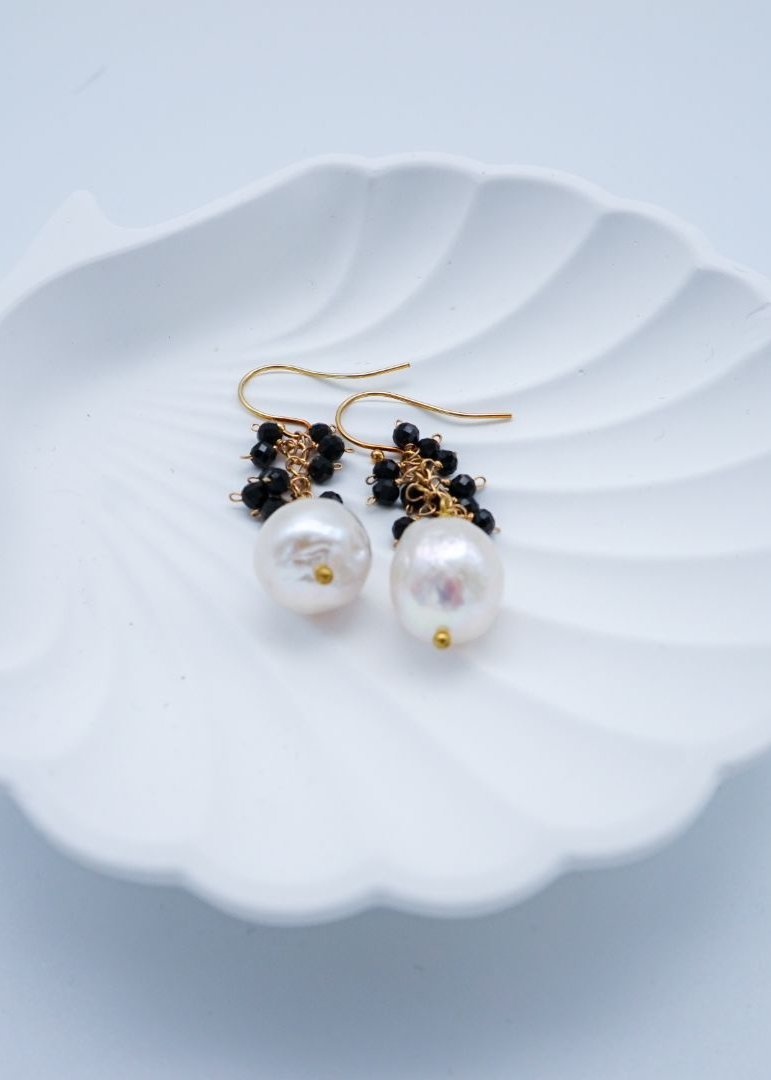 Medium Baroque Pearl Earrings With Black Spinel